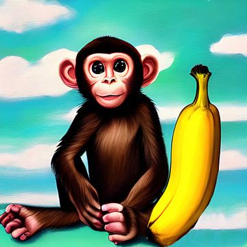 Baby aap met een grote banaan schilderij van Laly Laura