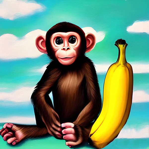 Peinture d'un bébé singe avec une grosse banane par Laly Laura