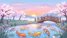Pixelkunst: Ruhiger Koi-Teich im Licht des Sakura-Sonnenuntergangs von my pixel art