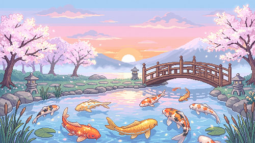 Pixel art : Serene Koi Pond Beneath Sakura Sunset