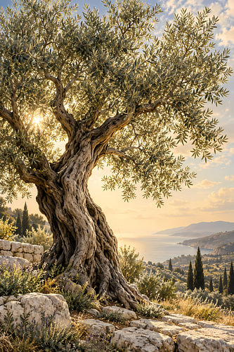 Ancient olive tree with a sea view | Mediterranean landscape bathed in golden sunlight | Portrait-format poster