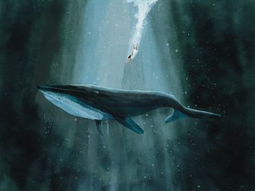 Whale with female in the ocean by Geja Kuiken