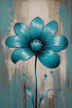 Turquoise Flower on Beige Abstract Background by De Muurdecoratie