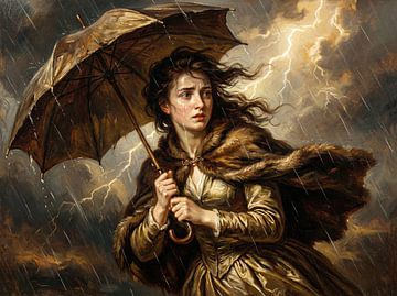 Frau mit Regenschirm im Regensturm Gemälde