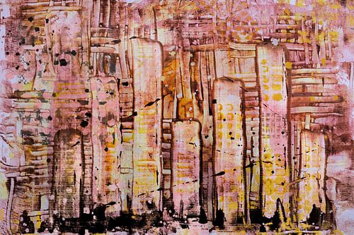 Abstracte Stad in Gloed – Modern Acryl Schilderij met Warme Tinten