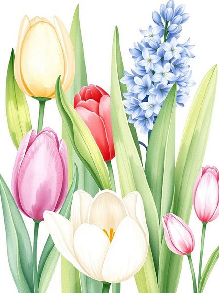 Lebendige Frühlingssymphonie: Handgemalte Aquarelltulpen und Hyazinthen Gartenblüte von Artistic