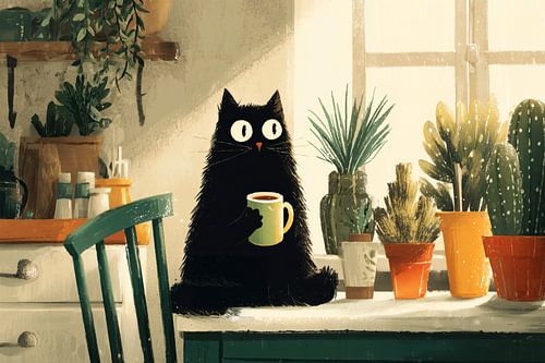 Chat noir avec une tasse à la fenêtre
