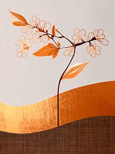 Japandi Art: Botanische Mischtechnik, Kirschblüten in Erdtönen