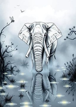 Elefant im nebligen Sumpf - Atmosphärische Naturkunst