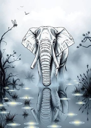 Olifant in nevelig moeras - Sfeervolle natuurkunst