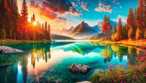 Meer met bergen en bos