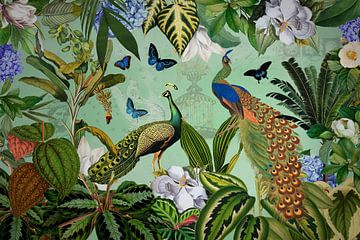 Mystieke regenwoudjungle met kleurrijke pauwen van Floral Abstractions