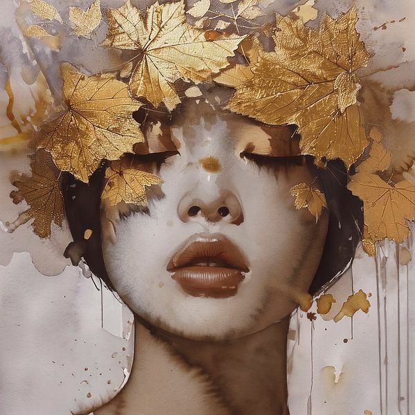 Portrait d'automne d'une femme aux feuilles d'or - peinture à l'eau par Joyce de Jong