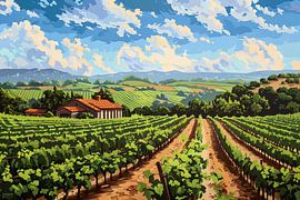 Ruhiger Weinberg mit Landhaus unter blauem Himmel von Art & Soul Creations