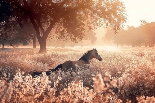 Horse galloping through a sea of pink flowers with the rising sun