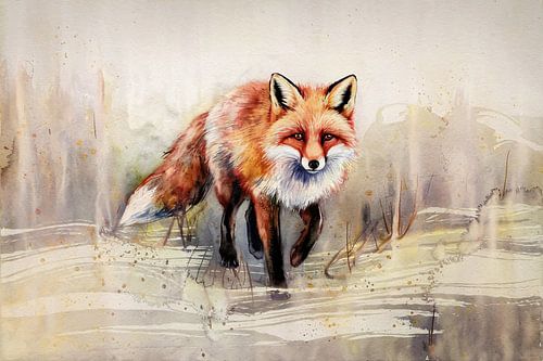 Sierlijke aquarel vos schilderij