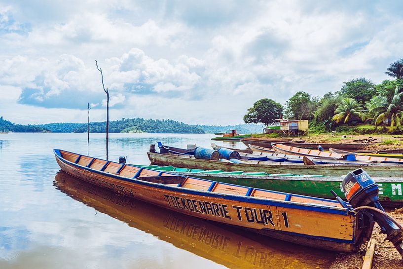 Boats at a the Brokopondo lake in Suriname by Bert Broer