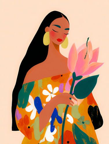 Femme élégante avec une fleur dans une robe colorée