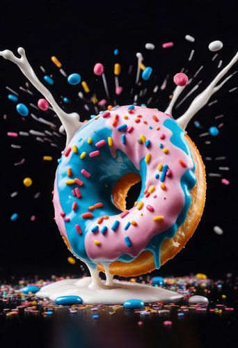 Een donut met glazuur en kleurrijke hagelslag