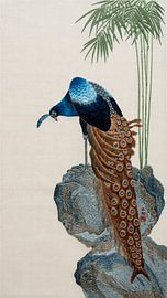 Art traditionnel japonais : Paon et bambou, broderie japonaise
