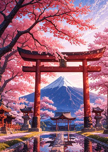 Japanisches Torii Tor Mount Fuji Frühling Kirschblüte Sakura