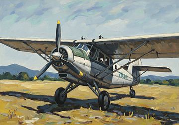 Painting of Biplane Aircraft on Grassy Field