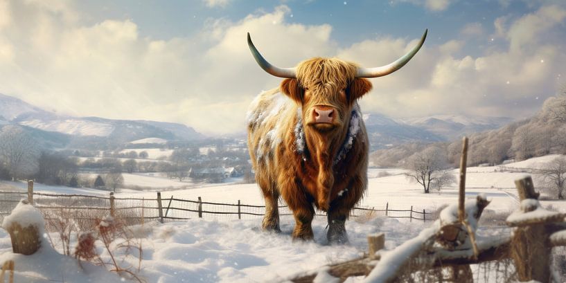 Scottish Highlander in the Snowy Mountains by Vlindertuin-Art