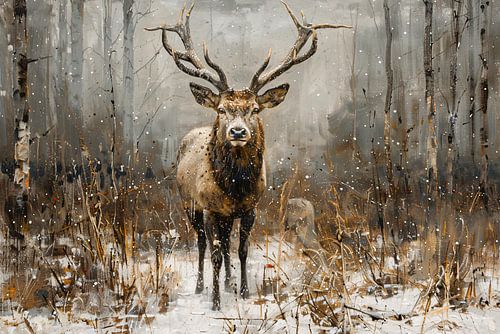 Majestueus hert in besneeuwd boslandschap