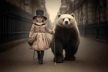 Meisje en grote beer door de straten van Londen in de 19de eeuw van Karina Brouwer