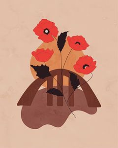 Abstract landscape with poppies next to a bridge