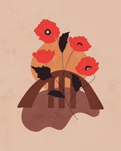 Abstract landschap met klaprozen naast een brug