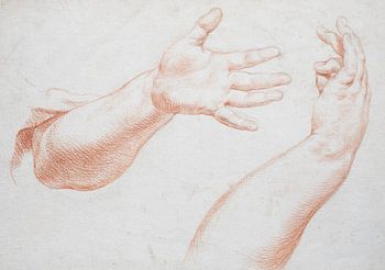 Old hand and arm study in various positions in red chalk on paper