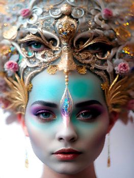 Une fille, une femme, le portrait d'un visage avec un masque sur la tête sous la forme d'u