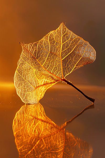 Detailliertes orangefarbenes Blatt mit goldener Reflexion von Art & Soul Creations