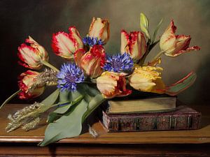 Parrot tulips and cornflowers