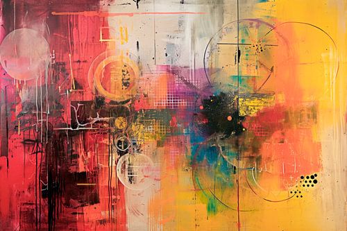 Abstract schilderij - rood, geel, wit en zwart