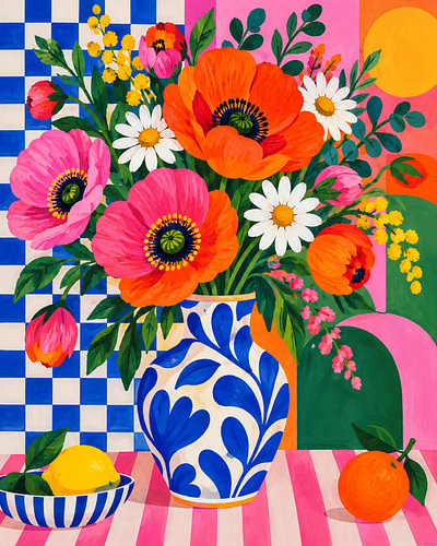 Farbenfrohe Mohnblumen in einer blau-weißen Vase