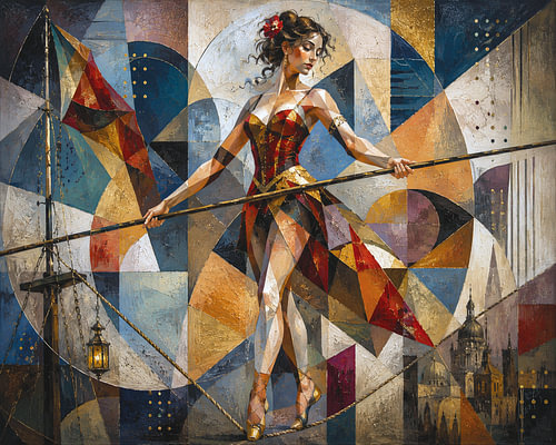 A cubistic painting of an elegant tightrope walker.