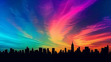 Skyline met lucht in regenboogkleuren van Koffie Zwart