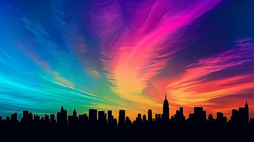 Skyline met lucht in regenboogkleuren