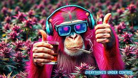 Monkey - chimpanzee in the cannabis field and the slogan  by AidasignArt