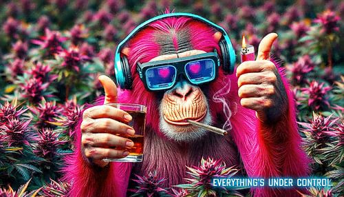 Aap - chimpansee in het cannabisveld en de slogan 