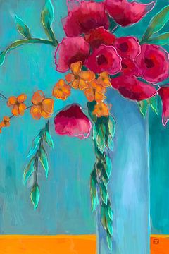 Love is in the air, schilderij met bloemen in vrolijke tinten. van Hella Maas