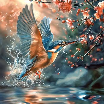 Ijsvogel omringd door bloesem en waterdruppels