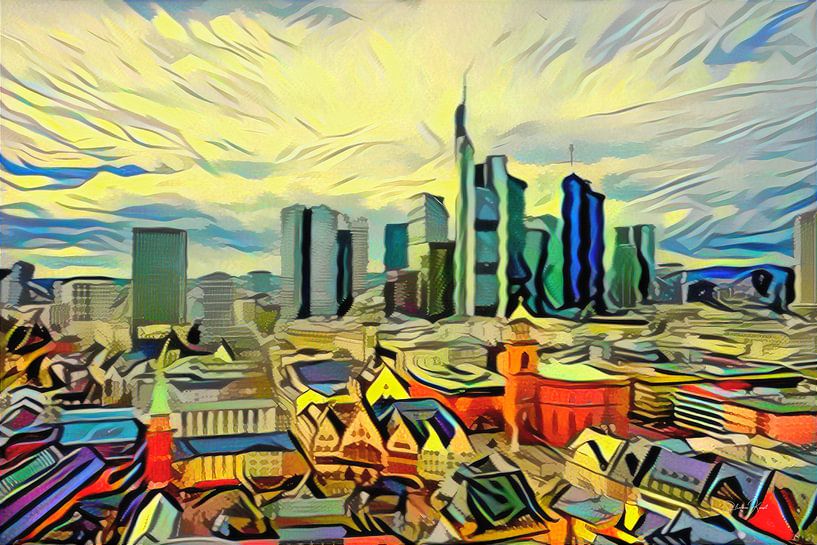 Kleurrijk kunstwerk Frankfurt: Skyline Frankfurt met vakwerkhuisjes van Slimme Kunst.nl