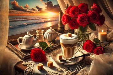 Placemats met rode rozen en uitzicht op zee van Segaspics