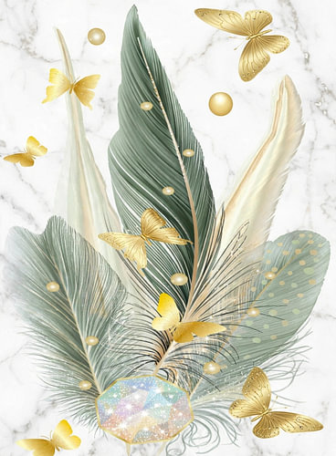 Sage Green Feathers and Gold Butterflies on Marble Background