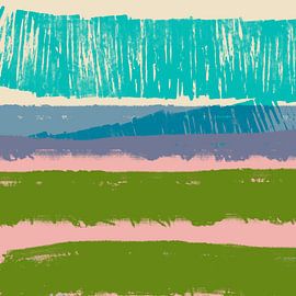 Color shapes and lines. Modern abstract landscape in pastel colors. Grassland. by Dina Dankers