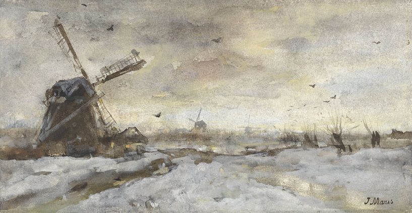 Landschaft mit Mühle im Schnee, Jacob Maris von Meisterhafte Meister