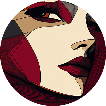 Vrouw Mysterieus in Geometrische Vormen en Dieprode Tinten